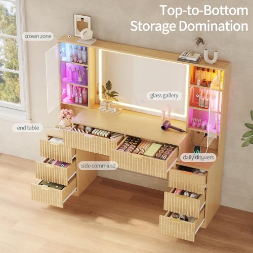 Image of Big Vanity, Fluted Wood Makeup Vanity with Mirror Lights, Oak Vanity Desk