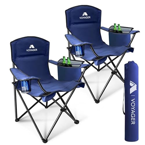 Voyager Folding Camping Chairs 2 Pack with Cooler Bag, Lightweight Q195 Steel Frame, 600D Oxford Fabric, Portable & Comfortable – Navy
