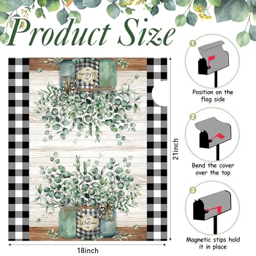 Image of Tiamon Summer Eucalyptus Jar Mailbox Covers Magnetic Black and White Plaid Letter Box Wrap Standard Size 21x18 Inch Welcome Jar Mailbox Decor Farmhouse Post Box Decoration for Outdoor Garden Yard
