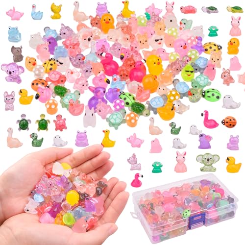 Lokideer 160 Stück Mini Harz Tiere Miniatur Figuren Leuchtende Bunte Kleine Tierfiguren Kaninchen Enten Dinosaurier Schildkröte DIY Gartendeko Puppenhaus Dekoration von Töpfpflanzen Fischbecken