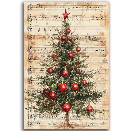 Christmas Tree with Sheet Music Carol Wall Art Canvas Prints,Retro