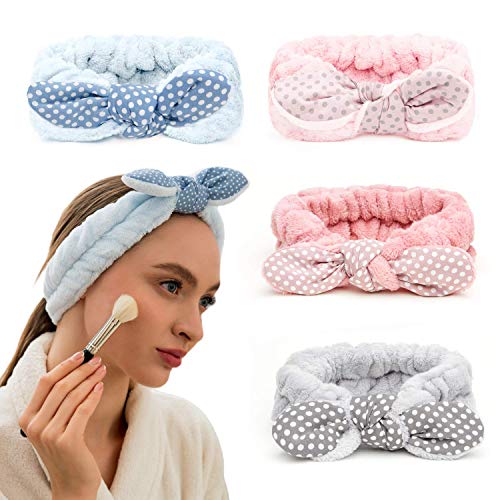 Cozy Headbands Spa Headband for Washing Face Headbands For Women Hair Wash Headband Makeup Shower Spa Skincare Facial Face Wash Cute Terry Cloth Bowtie Microfiber Hairband Holder Towel Wrap - 4 Pack