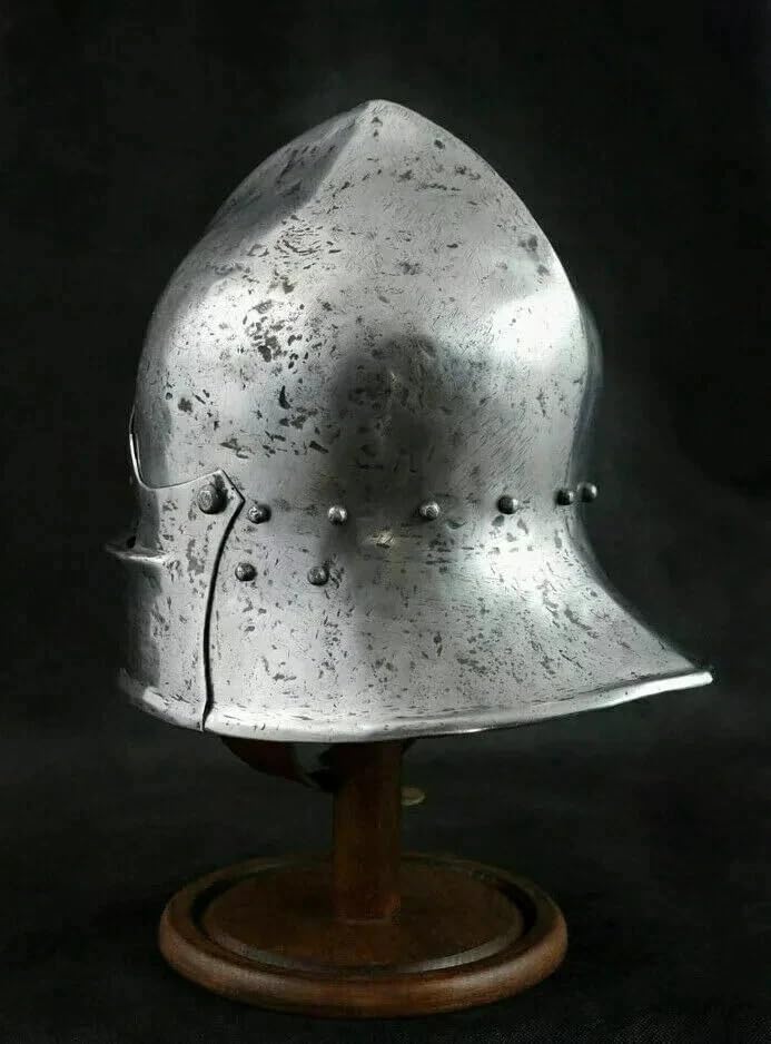 Medieval German Sallet Helmet, 16 Gauge Hammered Steel, Silver, One Size Fits Most Adults, Gladiator Theme