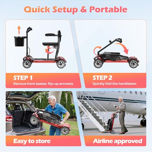 Image of Lightweight Mobility Scooter for Adults & Seniors - Cruise & Airport Approved, 43lb Foldable Portable Motorized Scooters with Dual Lithium Batteries for 24.8 Miles Travel, 300lb Capacity, Red
