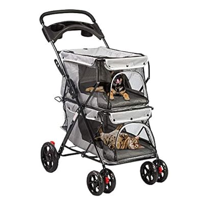 LONABR Folding Dog Stroller Travel Cage Stroller for Pet Cat Kitten Puppy Carriages - Large 4 Wheels Elite Jogger - Single or Multiple Pets (Gray - 2 cage)