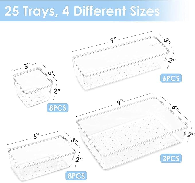 Storage Bins Plastic Drawer Organizer Trays, 25-Piece Set, Bathroom Vanity Storage Bins for Makeup, Kitchen, Office, Bed Room Drawer Tray 2