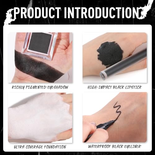 Image of UCANBE Halloween Makeup Kit - Black Eyeshadow, White Liquid Foundation, Black Liquid Lipstick & Eyeliner, Self Adhensive Eyelashes, Brush & Sponges Makeup Set for SFX Cosplay Skeleton Skull Demon