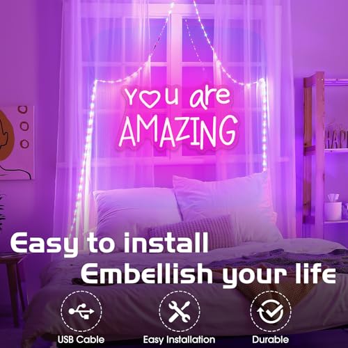 Image of Retisee Pink You Are Amazing LED Neon Light Sign Dimmable for Girls Room Bedroom Bar Pub Club Decoration Hanging Pink LED Light for Party Birthday Wedding Women 15 x 8.6 Inch