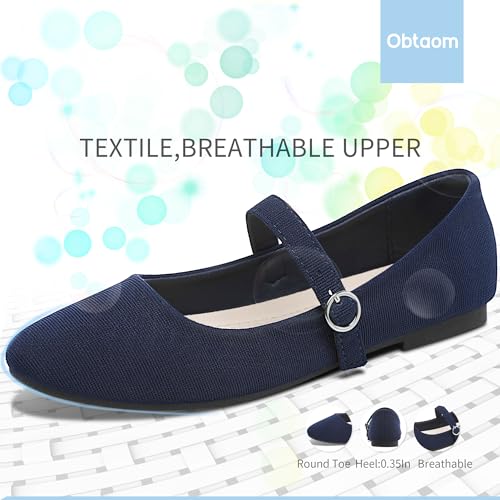 Image of Obtaom Mary Jane Flat Shoes Round Toe Ballet Flats for Women Dressy Fabric Business Flats Comfortable Classic Strap Flats for Office
