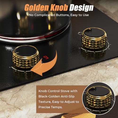 Image of 2 Burner Electric Cooktop - 12 Inch Plug in 110V Electric Cook Top Two Burner, Built-in & Countertop Ceramic Stove Top with Knob Control, 9 Power Levels and Overheat Protection (Golden Knob)