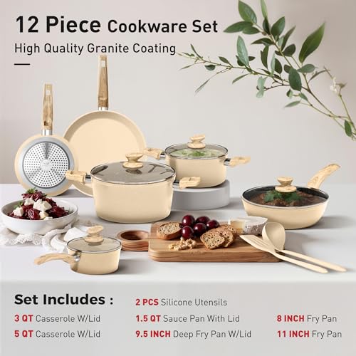 Image of DishDelight Kitchen Pots and Pans Set, 12 Piece Cookware Sets Non Stick | Granite Pans Set for Cooking, Compatible with Induction, Gas & Electric Stoves, PFOA & PFOS Free, Even Heating, Easy to Clean