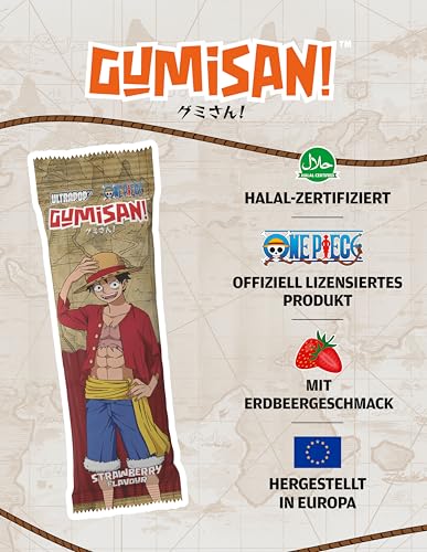 GUMISAN One Piece Luffy Fruchtgummi Bänder - Erdbeergeschmack - Offiziell lizensiert - Fruchtgummi Schnüre in Spaghetti-Form - Halal zertifiziert - 1 x 75g