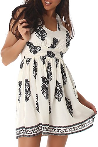 Voyelles Damen Kleid Minikleid Cocktailkleid Neckholder Blumen V-Ausschnitt Partykleid Strandkleid Creme 38/40 (Etikett-L)