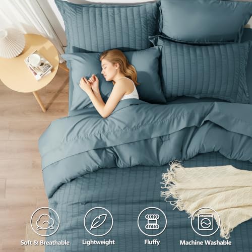 Image of HIMEET Queen Comforter Set, 7-Piece Seersucker Bed in a Bag, Mineral Blue | 90 GSM Brushed Fabric, 240 GSM Fill, 90 x 90-Inch Comforter, 14-Inch Deep Pocket, OEKO-TEX Certified, All-Season Comfort
