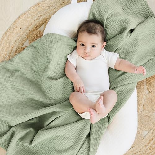 Image of Konssy Muslin Swaddle Blankets for Girls Boys 2 Pack, 100% Cotton Receiving Baby Blanket Large 47 x 47 inches, Soft Breathable Swaddling Wrap for Unisex Newborn (Woodland,Sage)