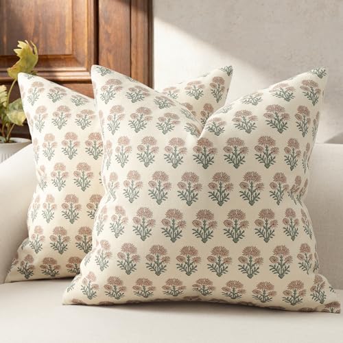 DKwizme Farmhouse Floral Pillow Covers 18x18 Set of 2, Country Botanical Throw Pillow Cover for Sofa Couch Bed Living Room, Rustic Vintage Flower Cushion Covers Cottage Home Decor,Blush Sage
