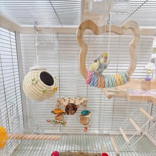Image of Gradient Large Wooden Bird Swing with Colorful Cotton Rope for Bird Cages - Natural Hanging Toy for Medium-Large Birds Like Parrots Macaws Cockatoos African Greys