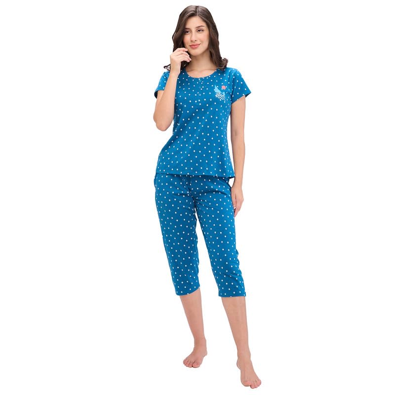 Juliet Women’s Printed Premium Cotton Tshirt Capri Set Night Suit in Blue – R-CP-19432 | Trendy Sleepwear | Fashionable Loungewear