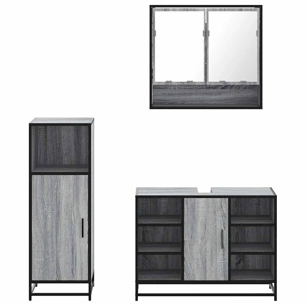 3-TLG. Badmöbel-Set Holzwerkstoff Grau Sonoma Metallrahmen