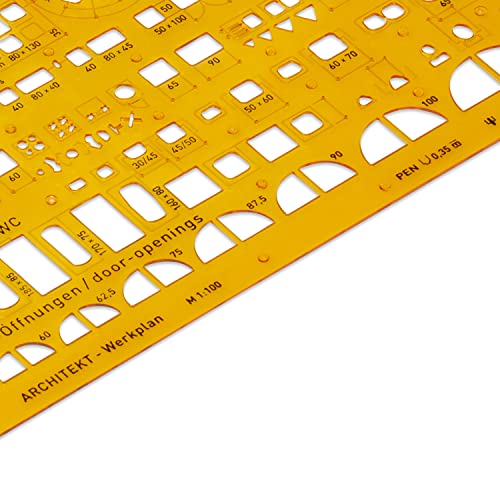 Aristo AR5061 Architektur Kombi Schablone 2 (1:100, Symbole für Grundrissdarstellung, Tuschenoppen, formstabiler PET-Kunststoff) orange-transparent