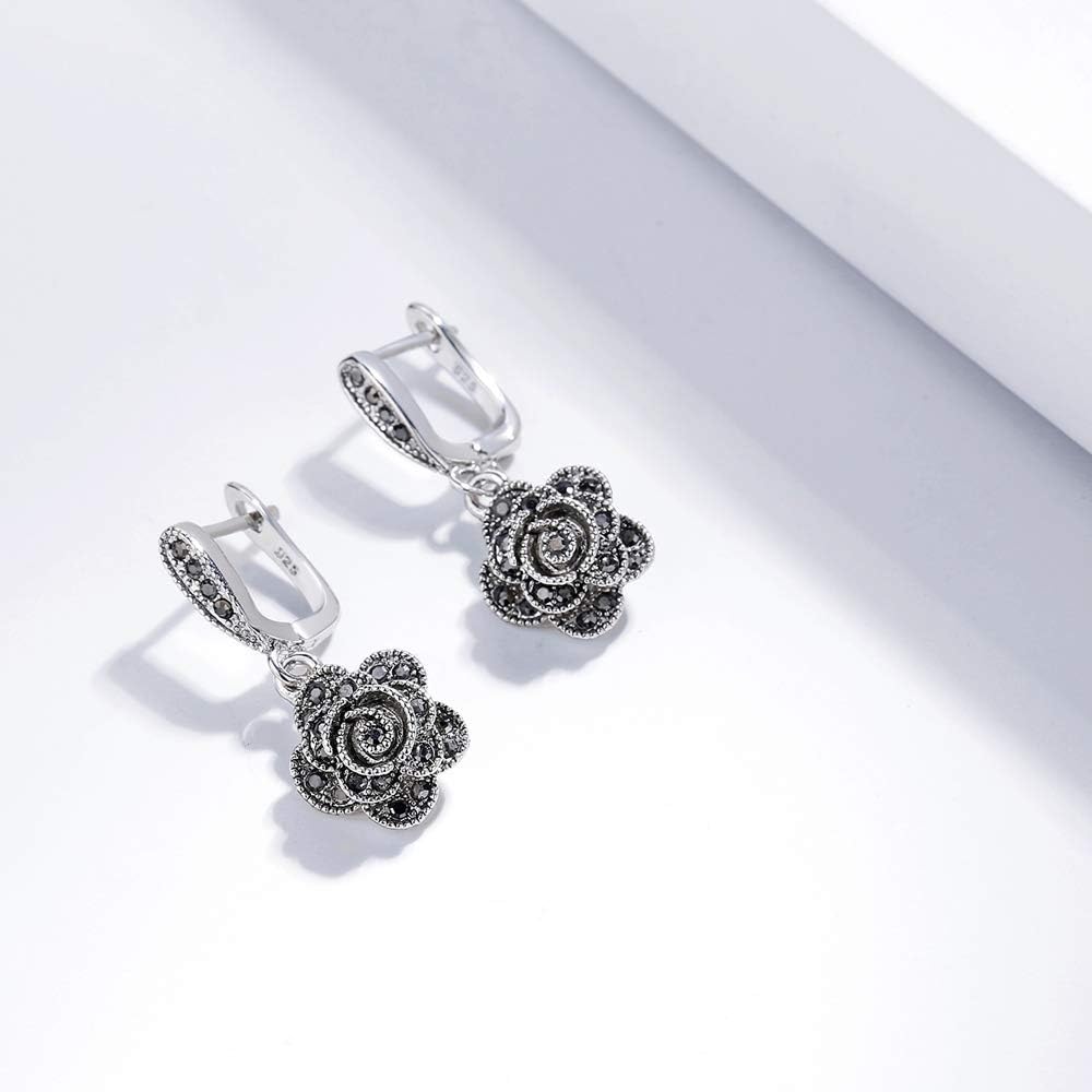 Rhodium Plated Vintage Silver Rose Flower Jewelry Sets Black Marcasites Studs Earrings Pendent Necklace for Women Girls - Image 5