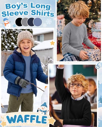 Image of 4 Pack Boys Long Sleeve Waffle Shirts | School Sweaters for Boys, Waffle Knit Thermal Shirts, Crewneck Thermal Casual Tops, Fall, Winter, Kids Clothes for 5-14 Y