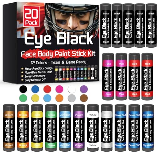 Eye Black Stick 20 Pack, 12 Colors Sports Eye Black for Football Baseball Softball, Anti Glare Eye...