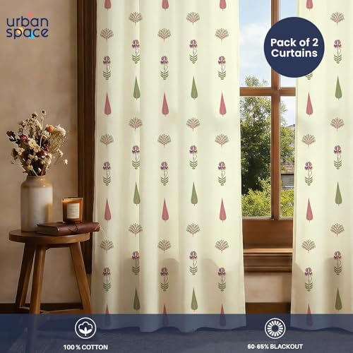 Image of Urban Space 100% Cotton Floral Curtains 8 Feet Long Set of 2, 60-65% Room Darkening, Decorative Curtains with Eyelets /Rings for Hanging, Tieback Included (Orchard Sage Green, Long Door - 8 Feet)
