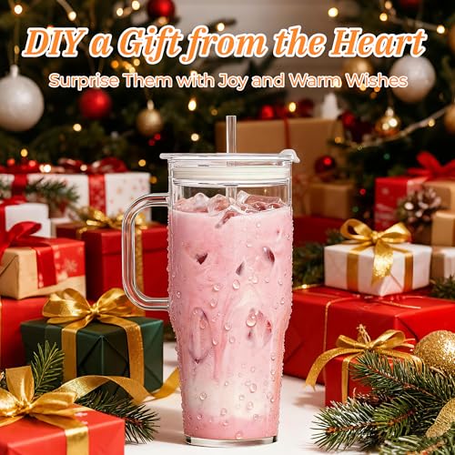Image of Birity 40OZ Borosilicate Glass Tumbler with Handle,Glass Cup with Lid and Straw-Reusable Iced Coffee Cup with Lid for Boba, Smoothies,Beer,Juice|Suitable for Gifts,Travel,Outdoor,Partys&Home