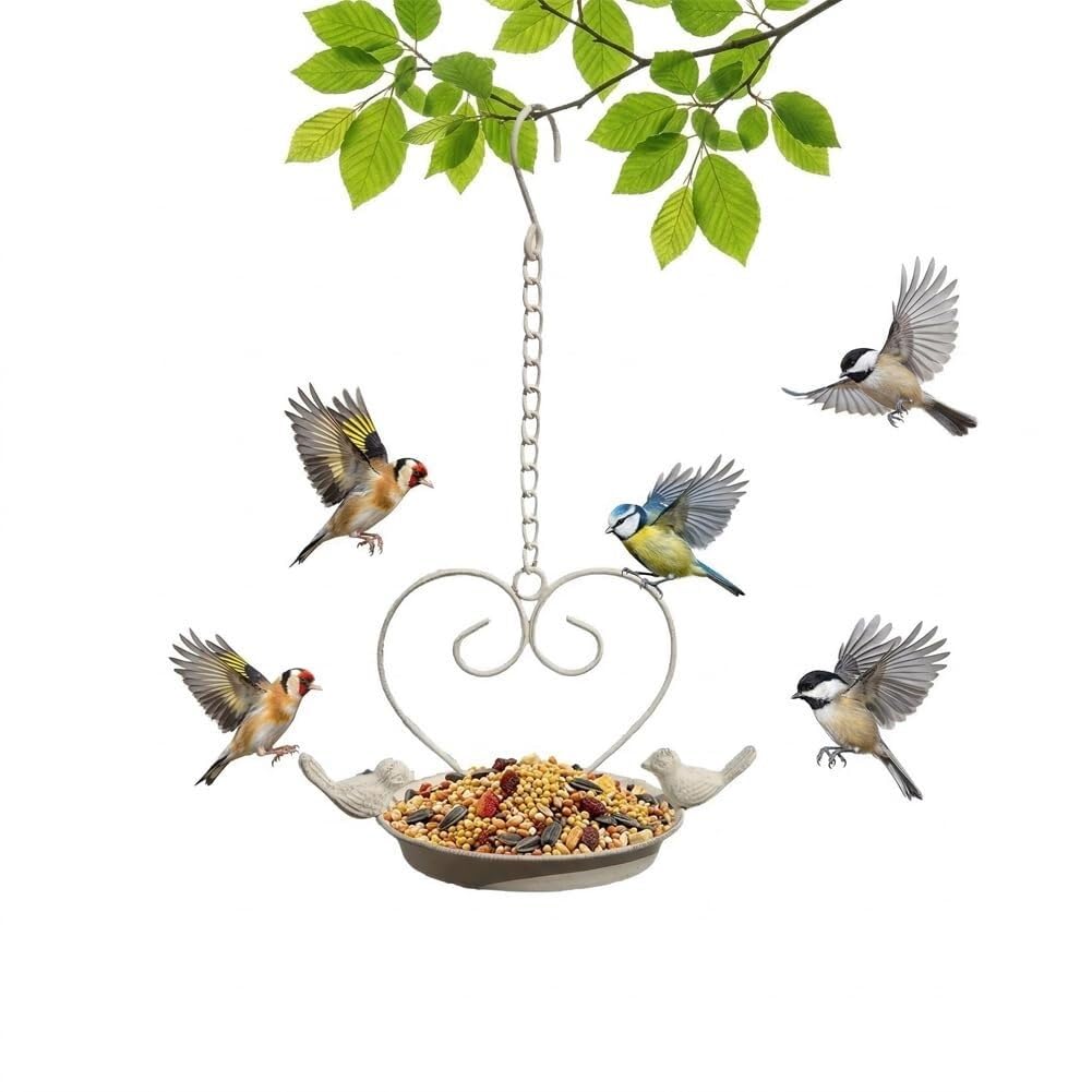 Hängendes Vintage-Vogelhäuschen aus Gusseisen mit Vogeltränke, Deckplattform, leicht zu befüllen, sauber, wetterbeständig, for den Garten im Freien