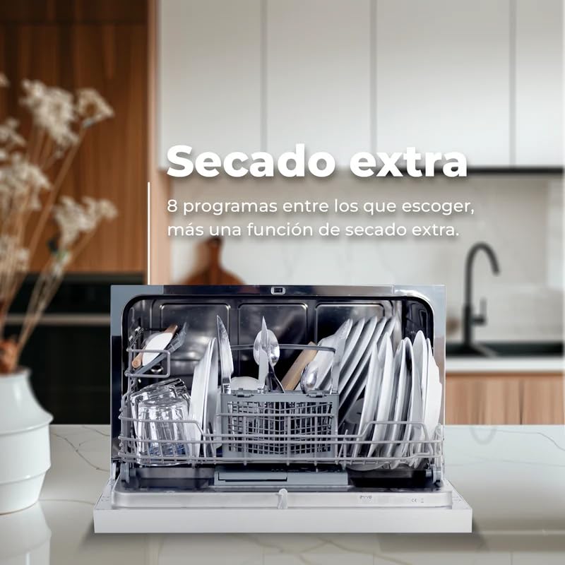 EVVO Lavavajillas Tamaño Compacto, sobremesa o encimera, 6 Servicios, 8 programas, Secado Extra, Programa ECO, Programa Autolavado, Inicio Diferido, Mini D (Blanco)