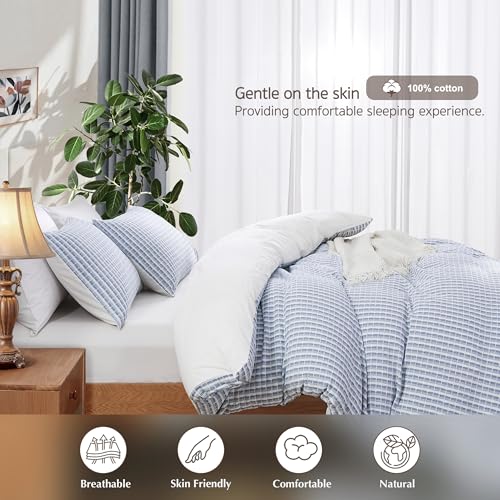 Image of Oli Anderson 100% Cotton Waffle Comforter Set King Size, 3 Pieces Lightweight Breathable All Season Bed Comforter, Soft Skin-Friendly Blanket for Bedroom Guest Room, Machine Washable, Blue