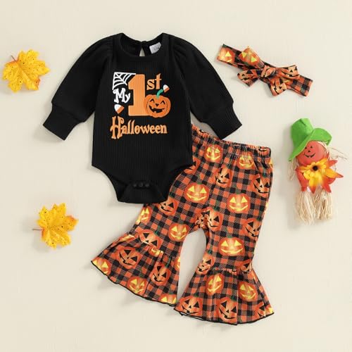 My 1st Halloween Baby Girl Outfit Puff Long Sleeve Ribbed Knit Romper Top Flare Pants Headband 3 Piece Set4