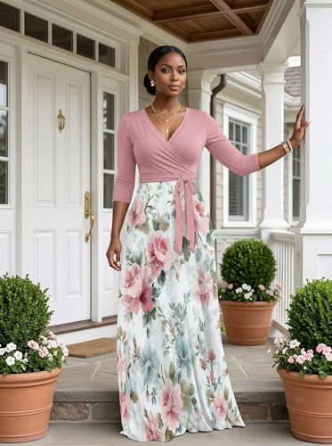 Image of PinkPatty Plus Size Maxi Dress for Women Casual V Neck 3 /4 Sleeve Boho Printed Long Dress with Pockets