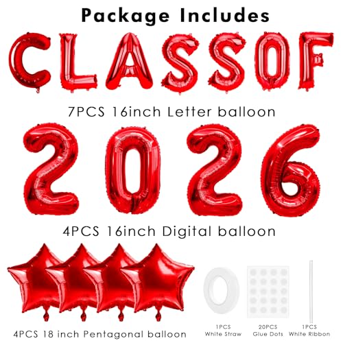 Image of Graduation Balloons, Class of 2026 Balloons, 16 Inch Red Grad Class of 2026 Letters Foil Balloon with Star Balloons, Class of 2026 Decorations for High School College Graduation Party Decorations