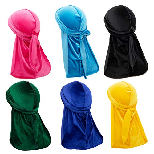 SOLUSTRE 6 Piezas de Terciopelo Durag con Cola Larga Unisex Suave Durag Cap Correas Headwraps Turbantes Transpirables Pañuelo en La Cabeza (Color Mixto)