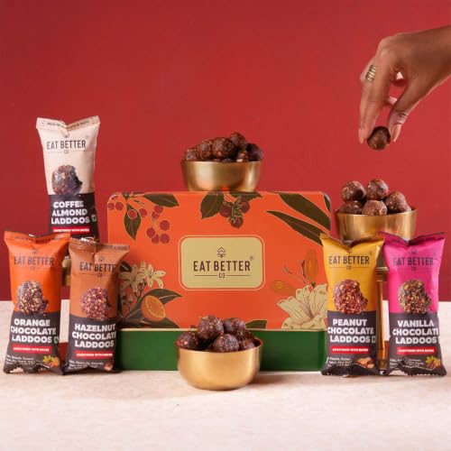 Eat Better Co - Assorted Laddoo Gift Hamper - Tin box with 20 laddoos in 5 unique flavours - Made with just Dry-Fruits, Dates & Nuts - Healthy Chocolate Box for Gift, Birthday Gift, Corporate Gift, Return gift for kids