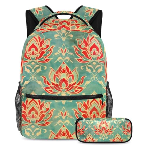 Sac à dos pour garçons et filles lot de 2 avec trousse motif peinture lotus grande capacité