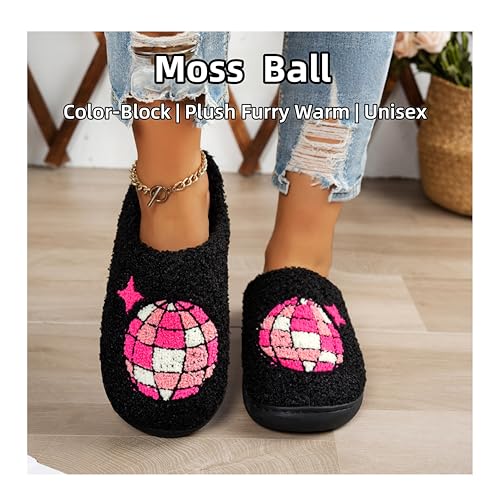 Women's Plush Home Slippers - Disco Ball Embroidery, Furry Cozy Upper, Anti - Slip Sole for Indoor Lounge3