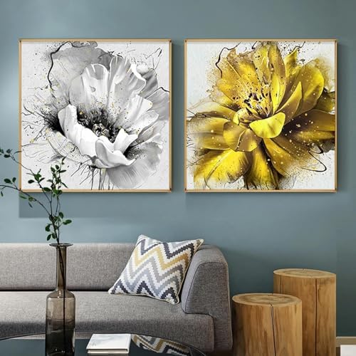 Peinture sur toile abstraite fleurs bleues dorées pour décoration murale chic