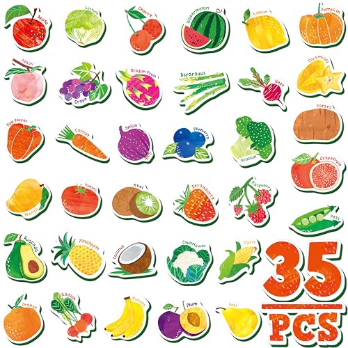 35 PCS Fruit & Vegetable Magnets, Adorable Magnetic Fruits Veggies Thick Foam Fridge Magnets Cute Educational Learning Toys for Toddles Kids 1-2
