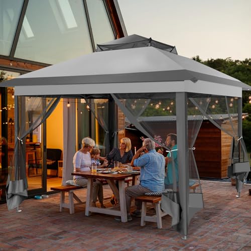 Image of COBIZI Pop Up Gazebo 11x11 One-Push Canopy Tent, Carpas para Patio, Outdoor Canopy Shelter with Double Roof Ventiation 121 Square Feet of Shade for Lawn, Garden, Backyard and Deck, Grey(Upgraded 2.0)