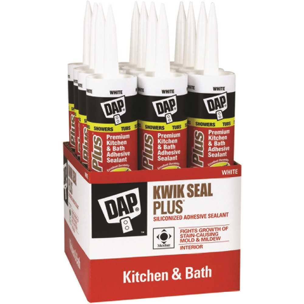 DAP 18510 Kwik Seal Plus Premium Kitchen and Bath Adhesive Caulk with Microban, 10.1 fl oz Capacity, White (Case of 12)