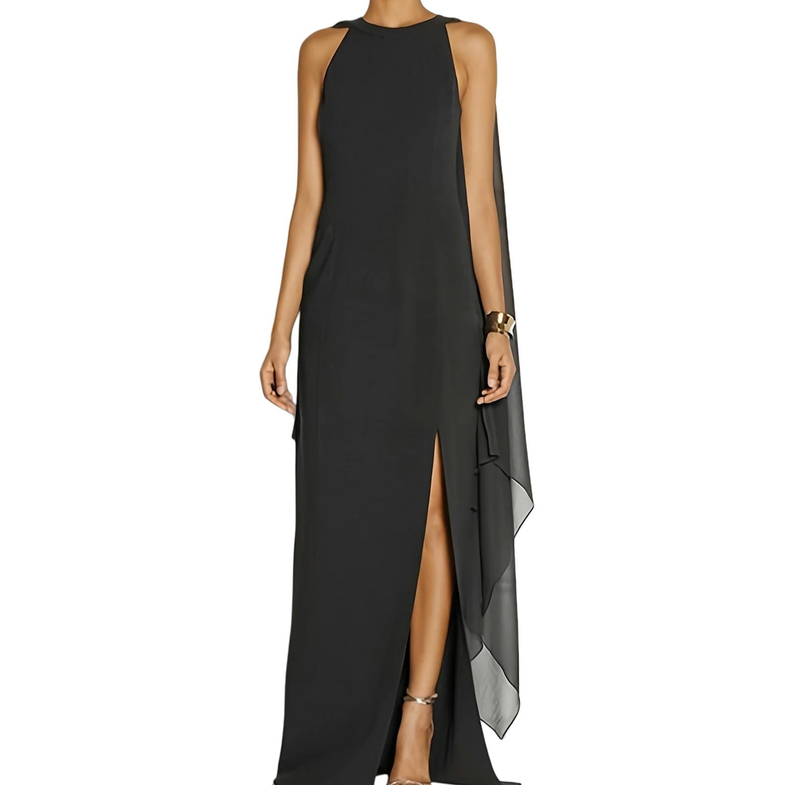 Vestito Lungo Donna Elegante Abito Lungo Senza Maniche con Scollo Alto E Spacco da Donna - Abito da Cocktail Vintage da Sera - Abito Lungo Aderente da Sposa Formale-Nero-s