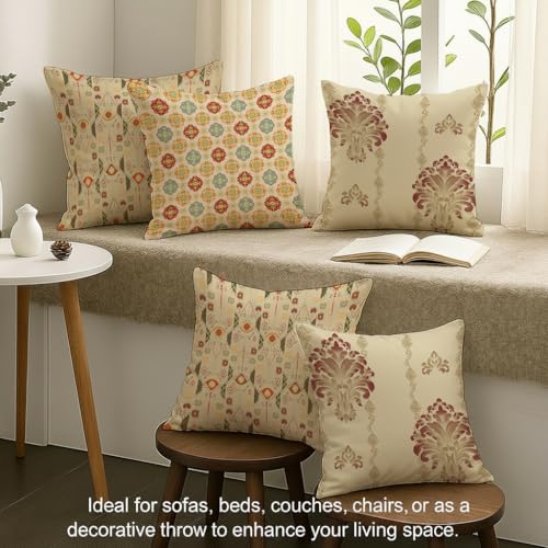 Image of STITCHNEST Set of 5 Royal Damask & Ikat Collection Printed Jute Cushion Covers 16x16 Inches | Ethnic Decorative Throw Pillow Covers for Sofa, Living Room & Bedroom | Premium Home Decor