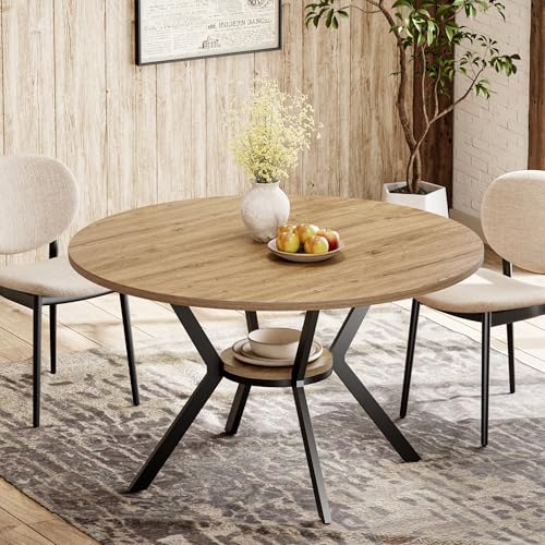 MECHYIN 42 Inch Round Dining Table for 24 Farmhouse Round Kitchen Table with Storage Shelf Pedestal Dining Table Wood Top & Metal Base Small Space Table for Apartment Dining Room