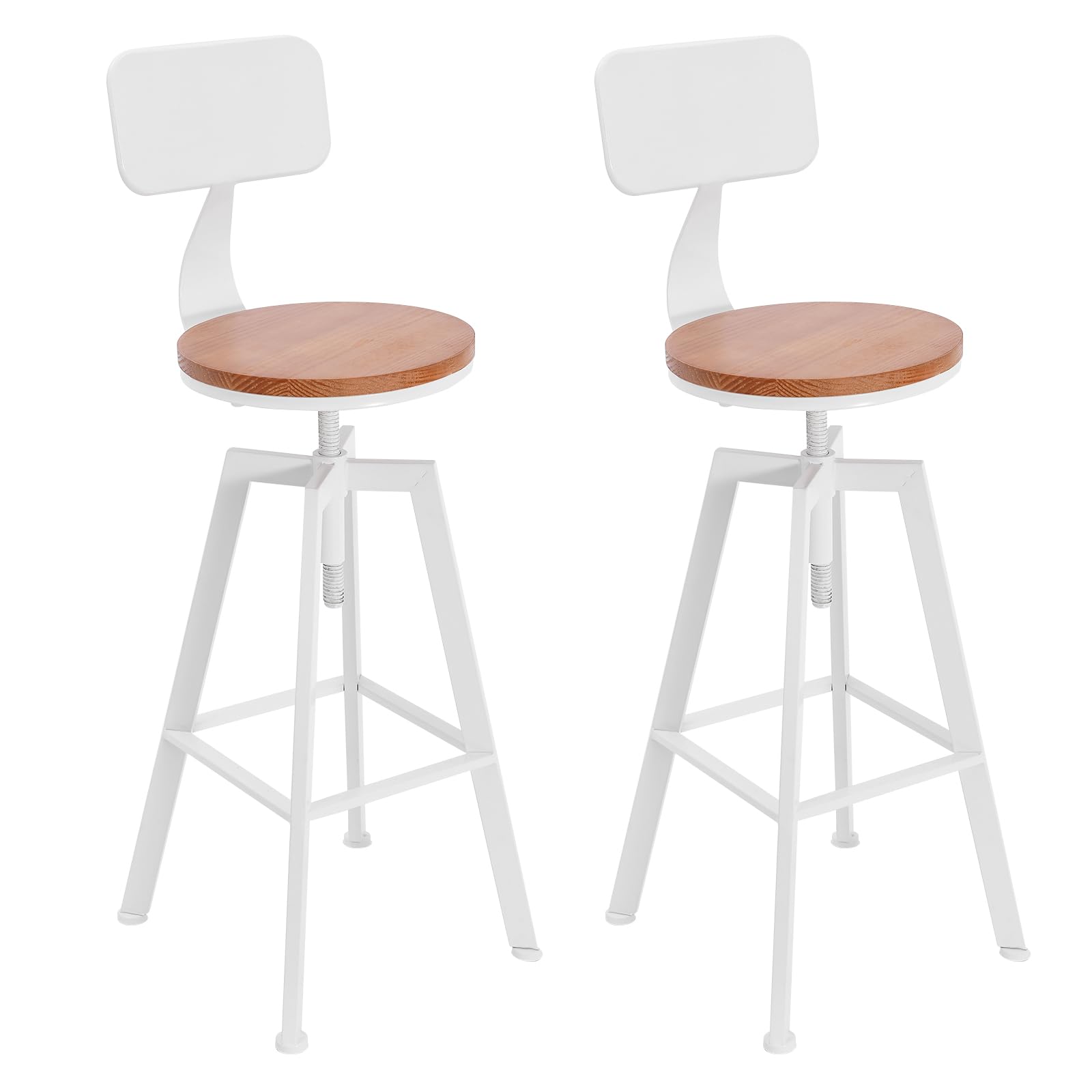 Juego de 2 taburetes de bar, altura regulable 63-83 cm, taburete de cocina con respaldo y reposapiés, asiento de madera maciza, color blanco