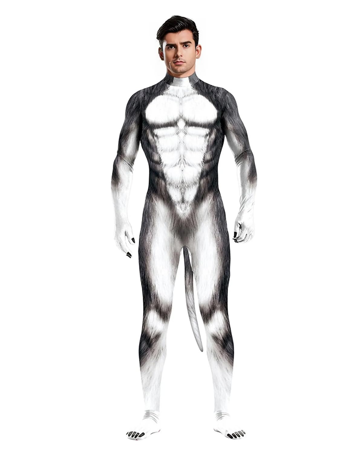 Jackolume Men's Halloween Animal Bodysuit with Tail Furry 3D Print Costume Full Body Muscle Zentai Jumpsuit Adult Petsuit Unitard Cosplay Dress Up Party