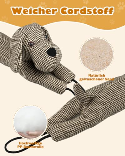 Zugluftstopper Für Türen 93cm, 1.1KG Schwer Zugluftstopper Tür, Schutz vor Luftzug und Lärm, Tier Dekorative Windstopper mit Hängenden Schlaufen, für Türen und Fenster, Brauner Dackel