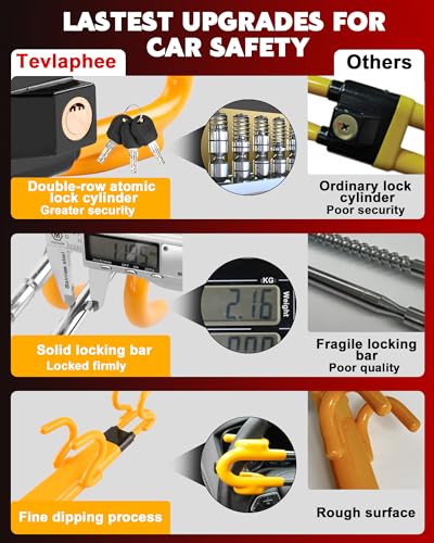 Image of Tevlaphee Steering Wheel Lock - Heavy Duty Antitheft Device and Car Security Lock with Adjustable Locking and 3 Keys - Great Vehicle and Truck Deterrent (Yellow)